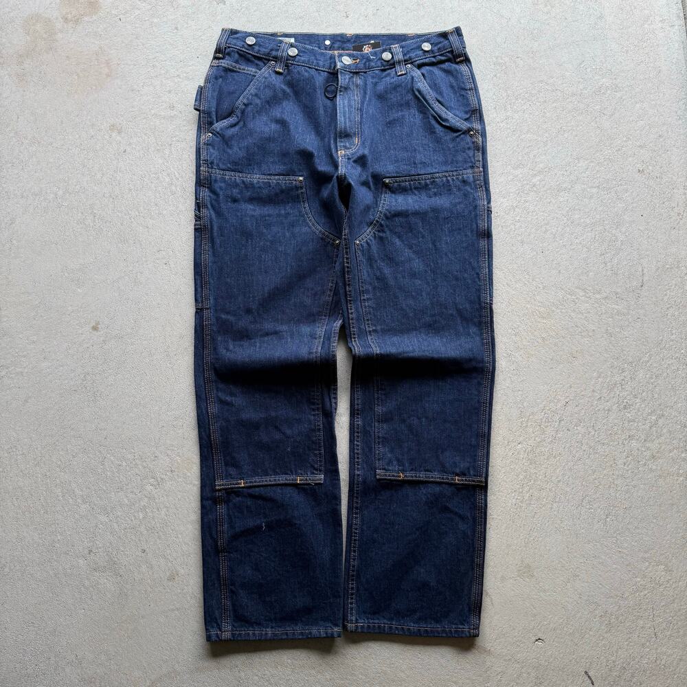 Mens Deadstock Raw Denim Dark Double Knee Workwear Denim Pants 34‎ x 30